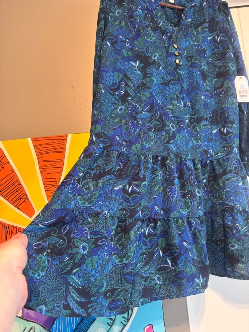NWT Blue Paisley Tiered Mini Dress | M 8-10 | Coastal Boho Summer - Picture 3 of 9